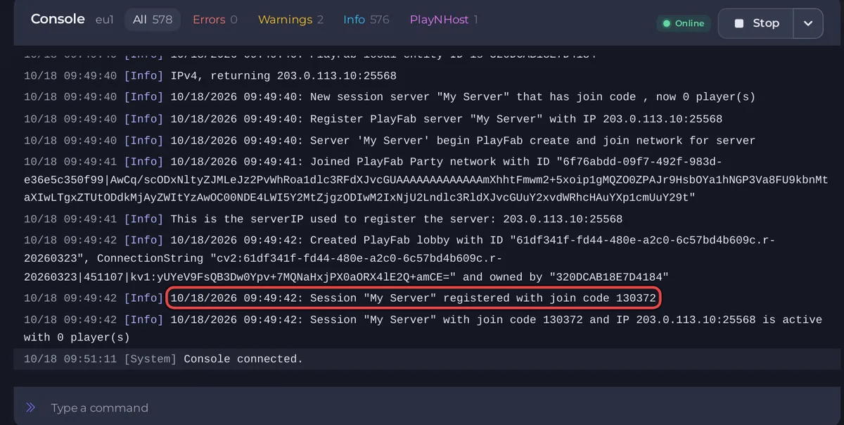 The Console tab searched for join code, showing the registered session line