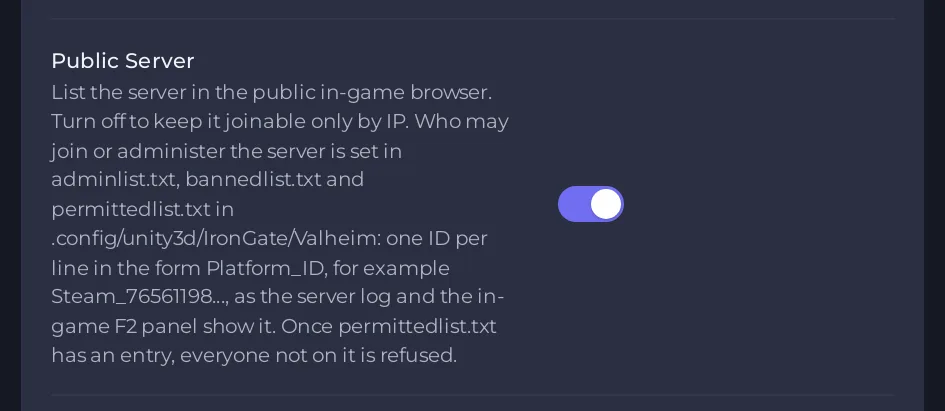 The Public Server switch in Game Settings