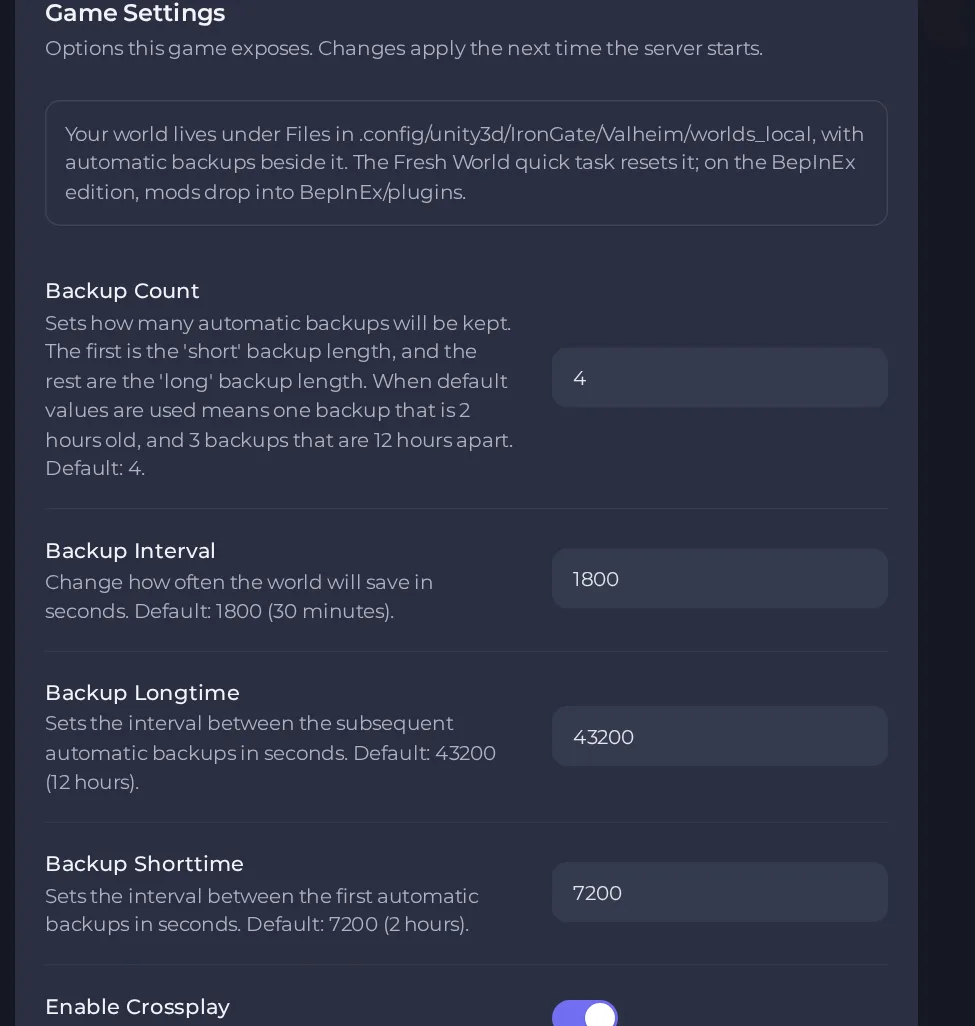 The Game Settings page of a Valheim server in the panel