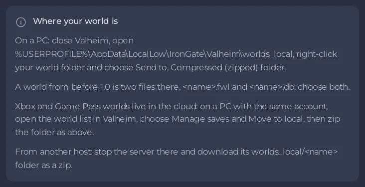 The Where your world is help in the Upload a world window