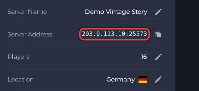 The Server Address row on the Overview page of a Vintage Story server