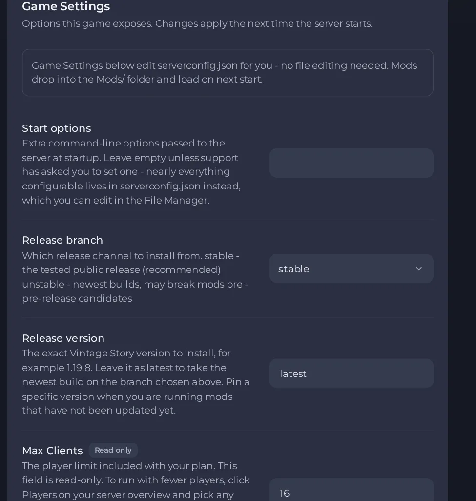 The Game Settings page of a Vintage Story server in the panel
