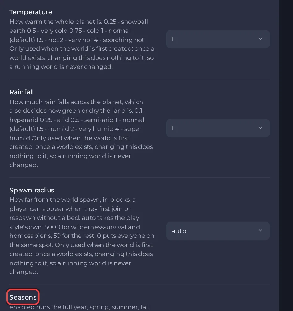 As configurações Temperatura, Volume de chuva, Raio de spawn e Estações do ano de um mundo novo do Vintage Story